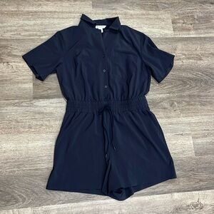 Athleta Navy Avenue Romper Women’s Button Down Tie Waist Short Sleeve Size Small